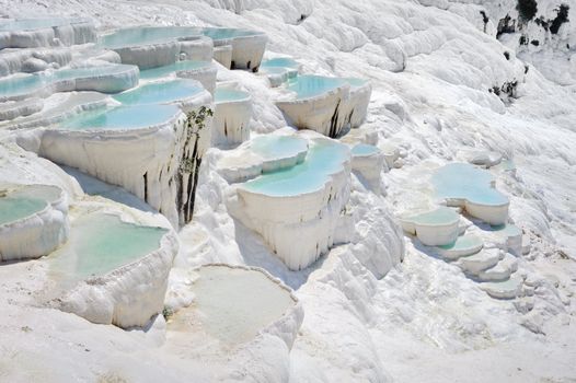 Blue cyan water travertine pools at ancient Hierapolis, now Pamukkale, Turkey