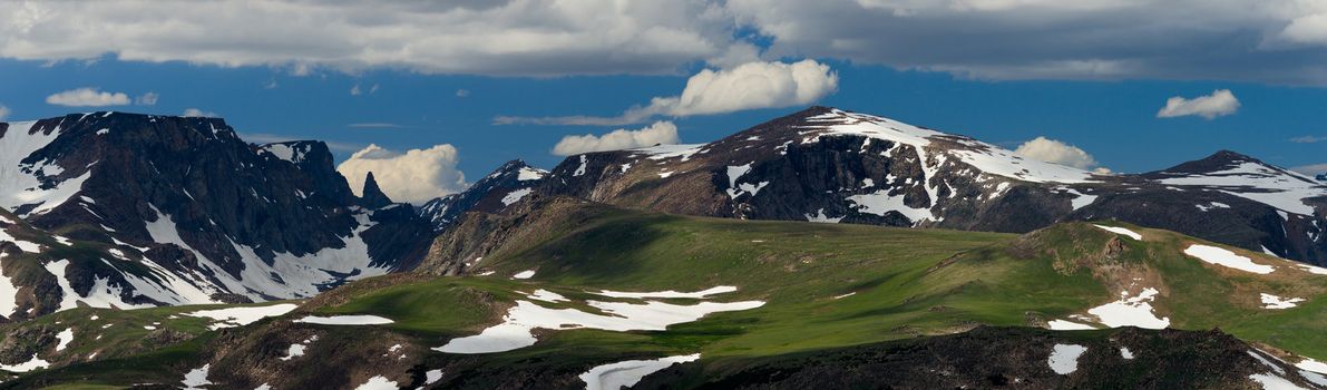 Panorama of high alpine terrain in summer, Absaroka-Beartooth Wilderness Area, Wyoming/Montana border, USA