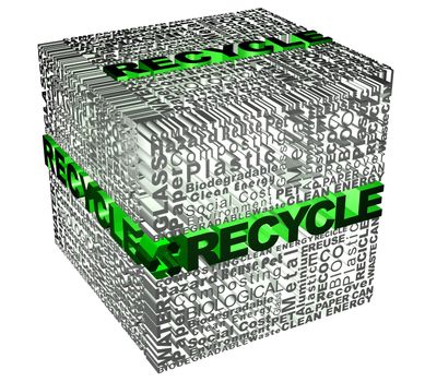 Cube with Recycle words related and recycle word highlight in green in white background