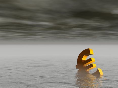 Golden euro drowning in the grey sea by stormy weather