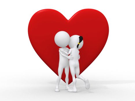 Beautiful 3d love couple embracing against a big red heart on white background