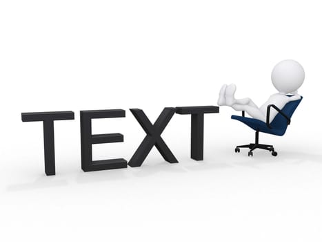 Portrait of a cheerful 3D businessman sitting in chair, relaxed with feet up on text. Lots of room for copyspace and text.