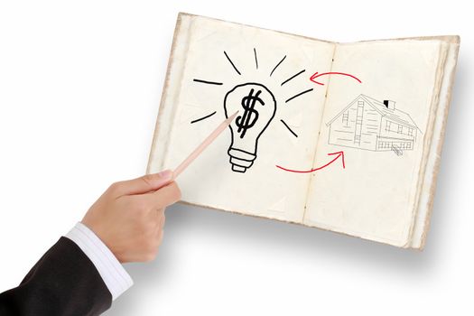 Businessman hand drawing and idea for making money on notebook