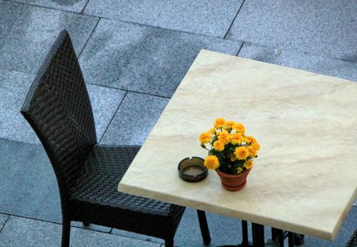 A black chair, a table with yellow flowers at a modern restaurant place