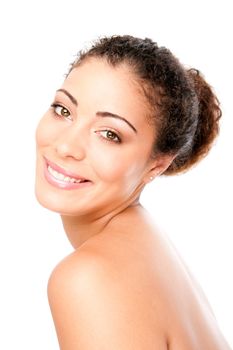 Happy smiling woman with pimple acne free healthy skin showing shoulder and back, skincare concept, isolated.