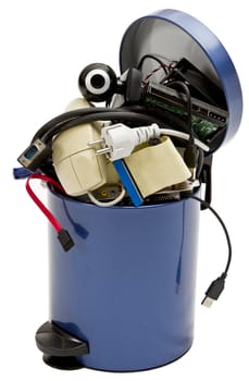 small trashcan with electronic waste on white background