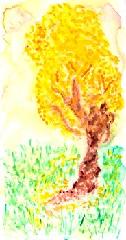 Watercolor painting of a tree, autumn