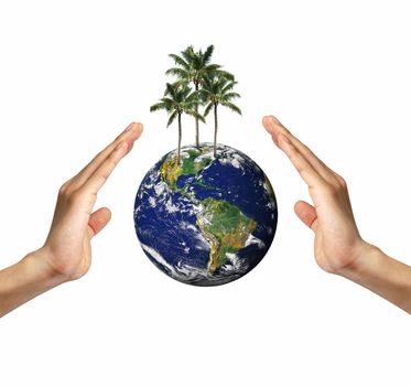 Eco concept : Earth in hands isolated on white