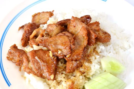 fried pork with garlic and pepper on rice , served with fresh cucumber