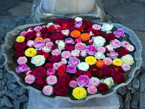 Stone bowl full of floating blooming roses spa treatment decoration