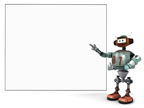 Djoby the robot showing proudly a big empty poster with a white background