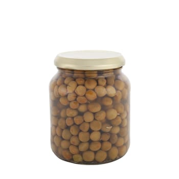 Kapucijners or Marrowfat beans in glass jar on white background.