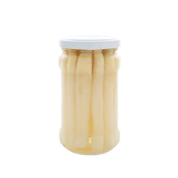 Jar of white asparagus isolated on white background