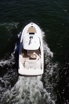 Overhead view of a luxury cabin cruiser on biscayne bay near miami beach,florida