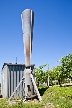 Hail cannon in Italian vineyard, Monferrato and Langhe area, Piemonte region.