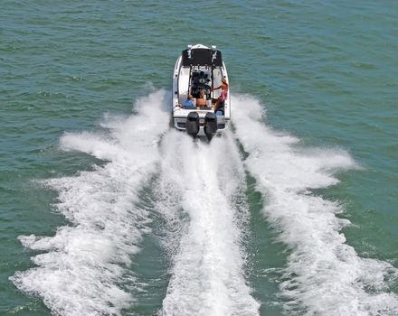 two couples enjoying a high speed cruise on biscayne bay near miami beach.