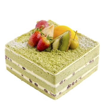 Japanese Macha Cake topping with fruits on white background