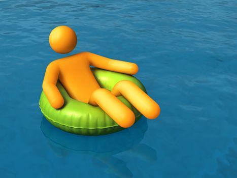 Stick figure relaxing on an inner tube.