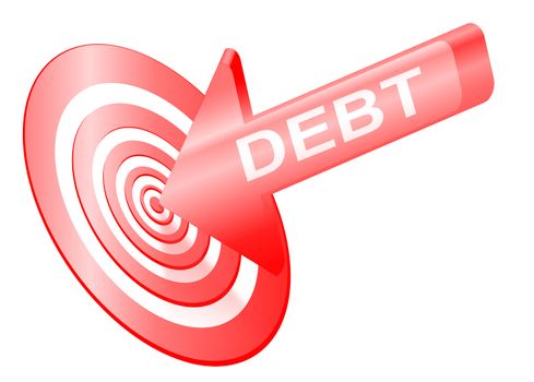 Illustrated debt concept depicting a red arrow with the word 'debt' hitting the bulls eye of a target board.