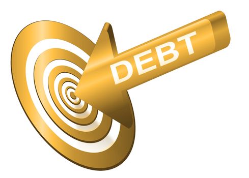 Illustrated debt concept depicting a red arrow with the word 'debt' hitting the bulls eye of a target board.