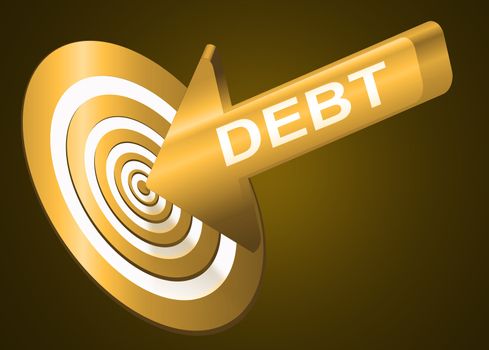 Illustrated debt concept depicting a red arrow with the word 'debt' hitting the bulls eye of a target board.
