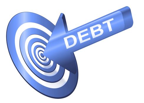 Illustrated debt concept depicting a red arrow with the word 'debt' hitting the bulls eye of a target board.