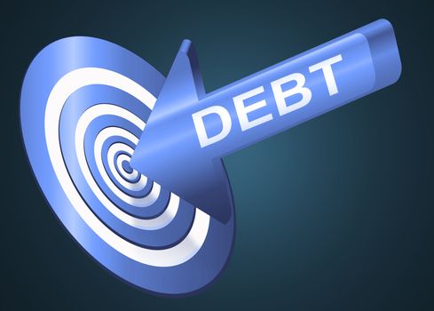 Illustrated debt concept depicting a red arrow with the word 'debt' hitting the bulls eye of a target board.