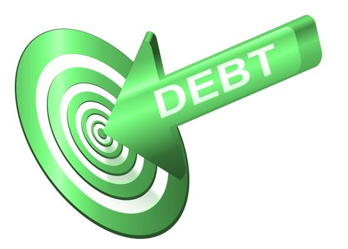 Illustrated debt concept depicting a red arrow with the word 'debt' hitting the bulls eye of a target board.