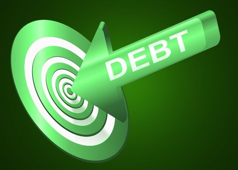 Illustrated debt concept depicting a red arrow with the word 'debt' hitting the bulls eye of a target board.