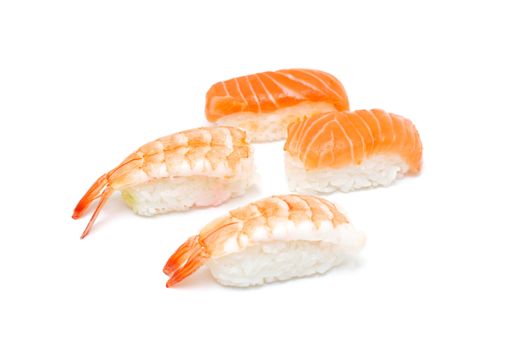 A delicious piece of prawn and salmon nigiri isolated on white