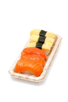 Different kinds of sushi on a box