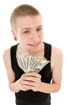 funny skinny teenager with a dollars isolated on white background