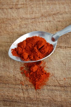 Paprika on a spoon on a wooden surface
