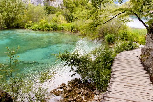 Croatia, wooden path Plitvicka Lake. National Park.