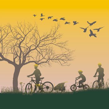 illustration of women, men and boys on bicycles in the countryside