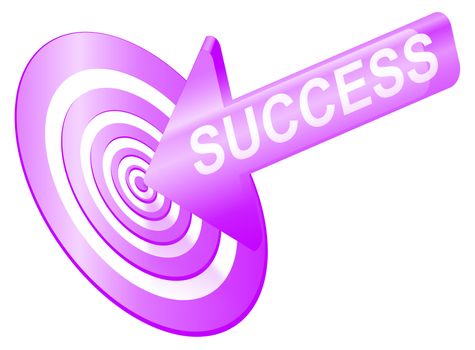 Illustrated success concept depicting an arrow with the word 'success' hitting the bulls eye of a target board.