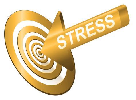 Illustrated stress concept depicting an arrow with the word 'stress' hitting the bulls eye of a target board.