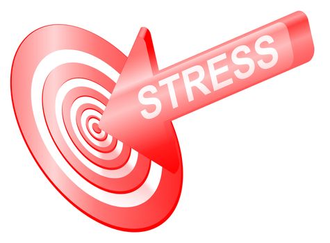 Illustrated stress concept depicting an arrow with the word 'stress' hitting the bulls eye of a target board.