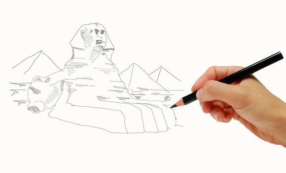 hand draw sketch sphinx with pyramid
