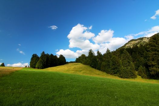 Alpine landscape with bright blue sky and mountain