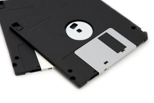 old floppy discs close up isolated on white background