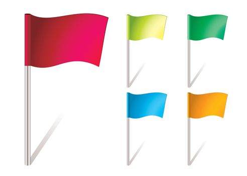 five brightly colored flapping flags in the wind