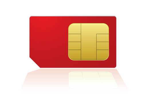 Red mobile phone sim with reflection in white background