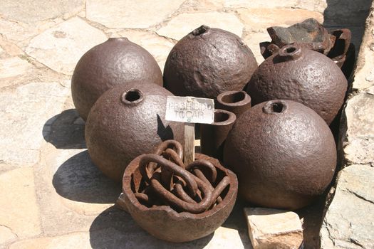Historic cannon balls in a fortress on a Caribbean island