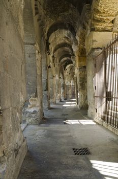 corridor around a roman amphitheater in arena in Nimes city, France