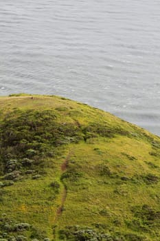 Green hill by the water on overcast day