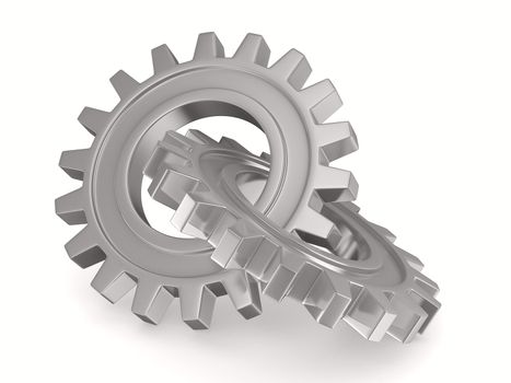 Two chrome gears on white background. Isolated 3D image