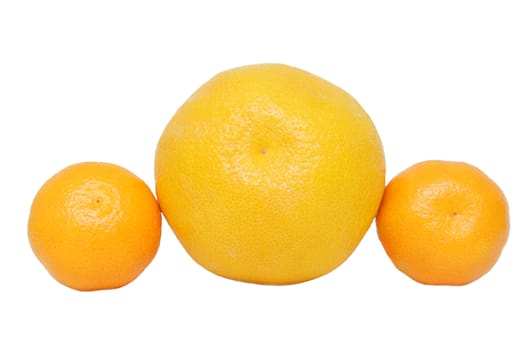 A big orange and two mandarins isolated on white background
