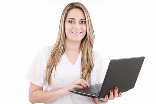 Beautiful caucasian doctor or nurse holding a laptop computer