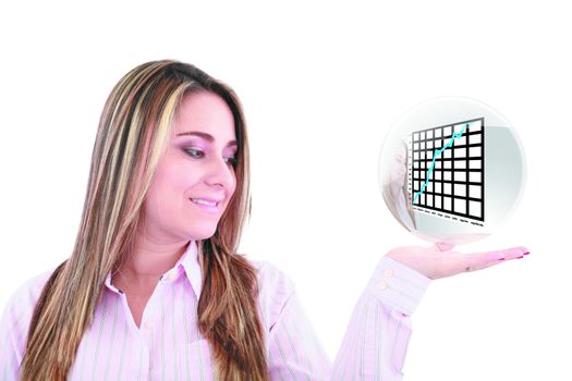 Businesswoman hand holding a sphere of a growing chart isolated